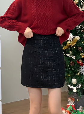 春季黑色格子半身裙2026秋新款小个子高腰a字包臀短裙0115k