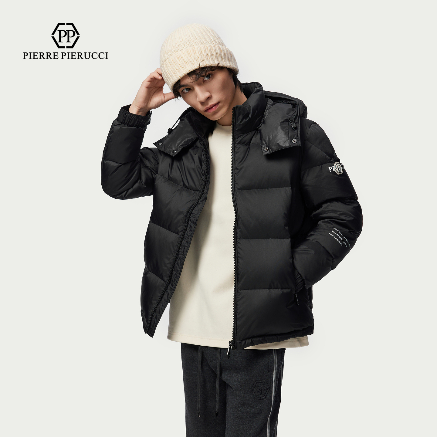PP意大利国际品牌轻奢男装2025冬季新款保暖加绒加厚连帽羽绒服潮