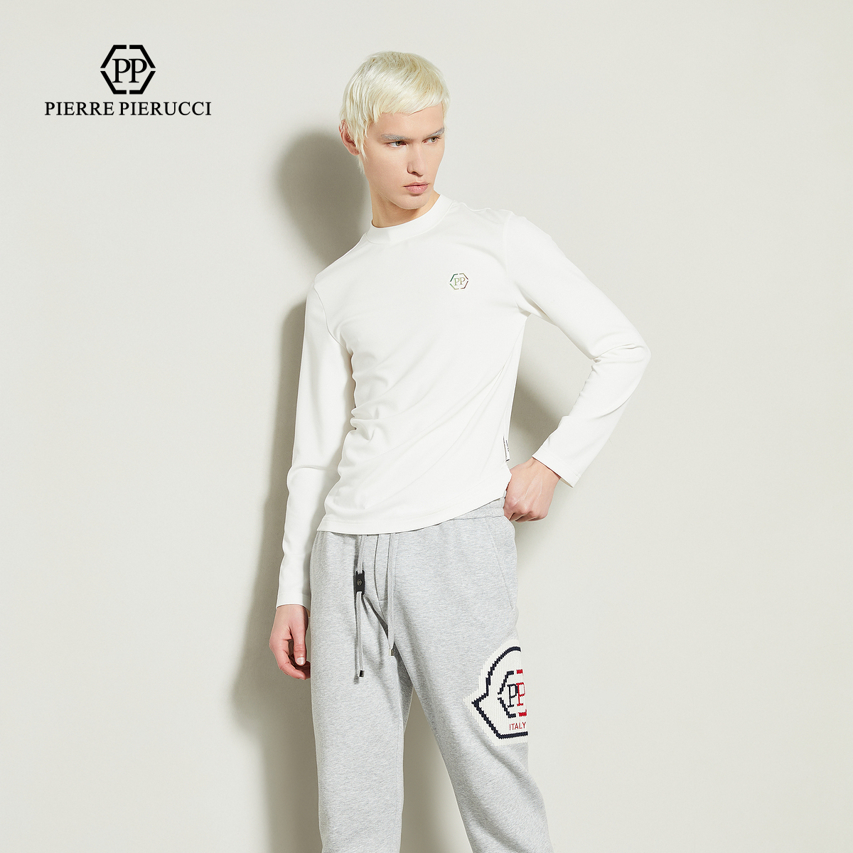 PP意大利轻奢男装2025春夏新款半高领长袖T恤修身百搭上衣