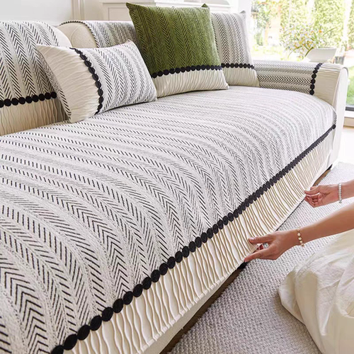 鱼骨纹雪尼尔沙发垫2025年新款轻法式奶油风皮沙发防滑靠背盖布巾