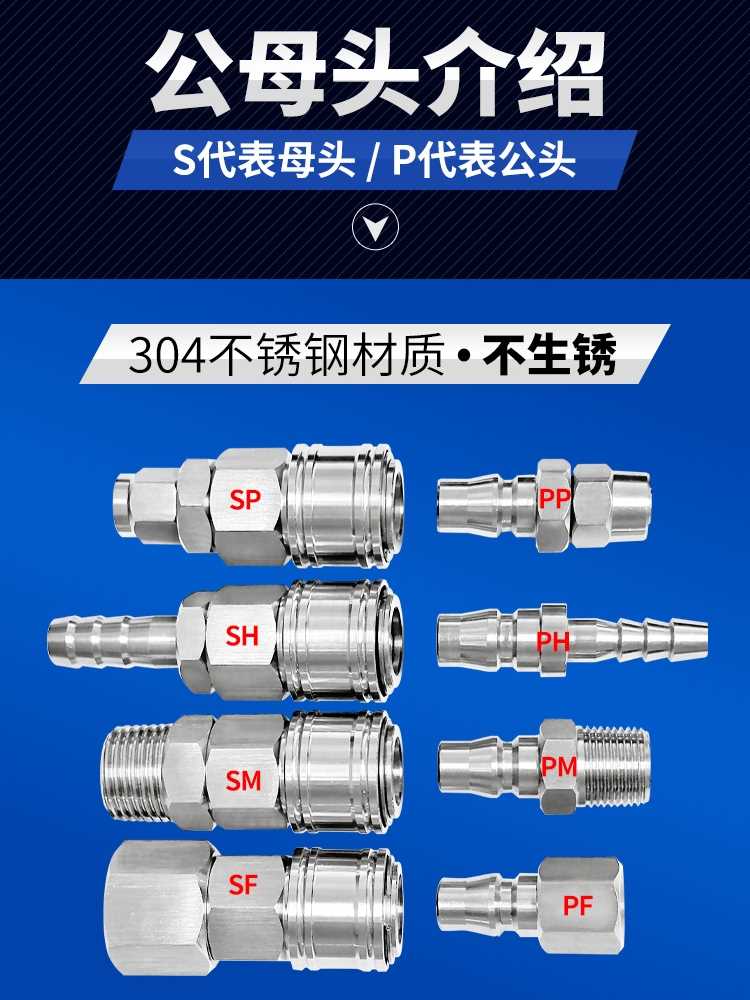 304不锈钢C式快速接头自锁气管接头气动内外螺纹公母快插耐压耐热