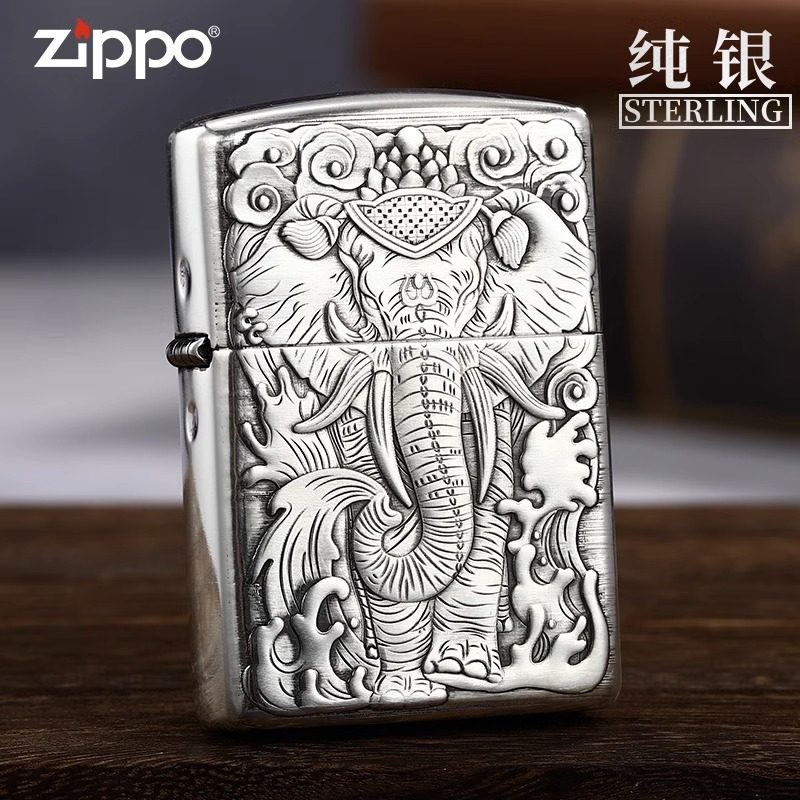 正版zippo打火机纯银鬼王六牙神象盔甲机正品煤油防风送礼男士