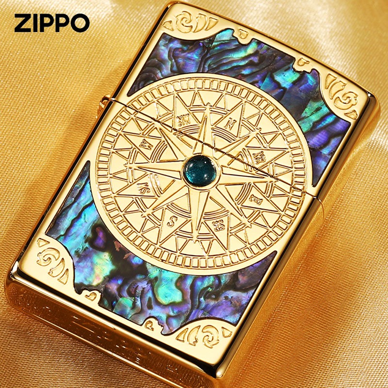 正版zippo打火机贝壳罗盘日韩版幸运绿宝石镶嵌彩贝防风送礼男友