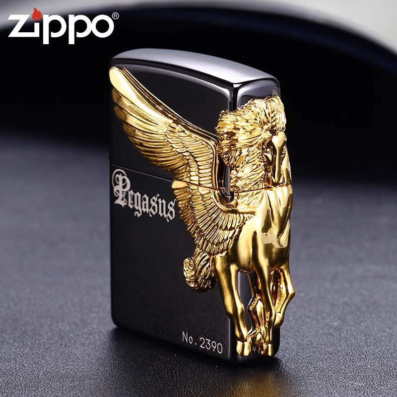 正版zippo打火机黑冰飞马天马行空镀金骏马正品煤油防风送礼收藏