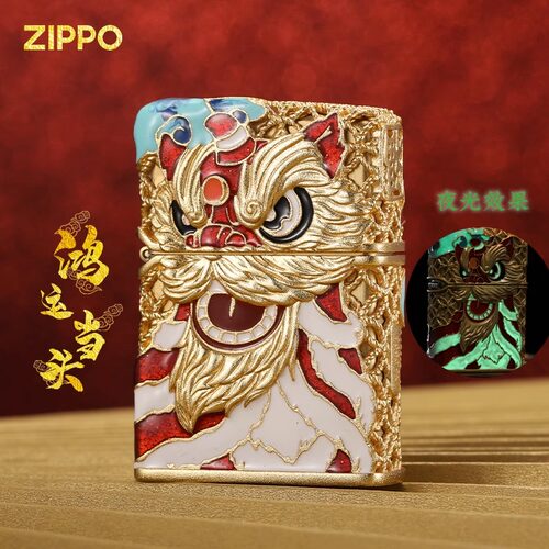 正版zippo打火机鸿运当头镀金珐琅彩醒狮正版收藏防风新年送礼