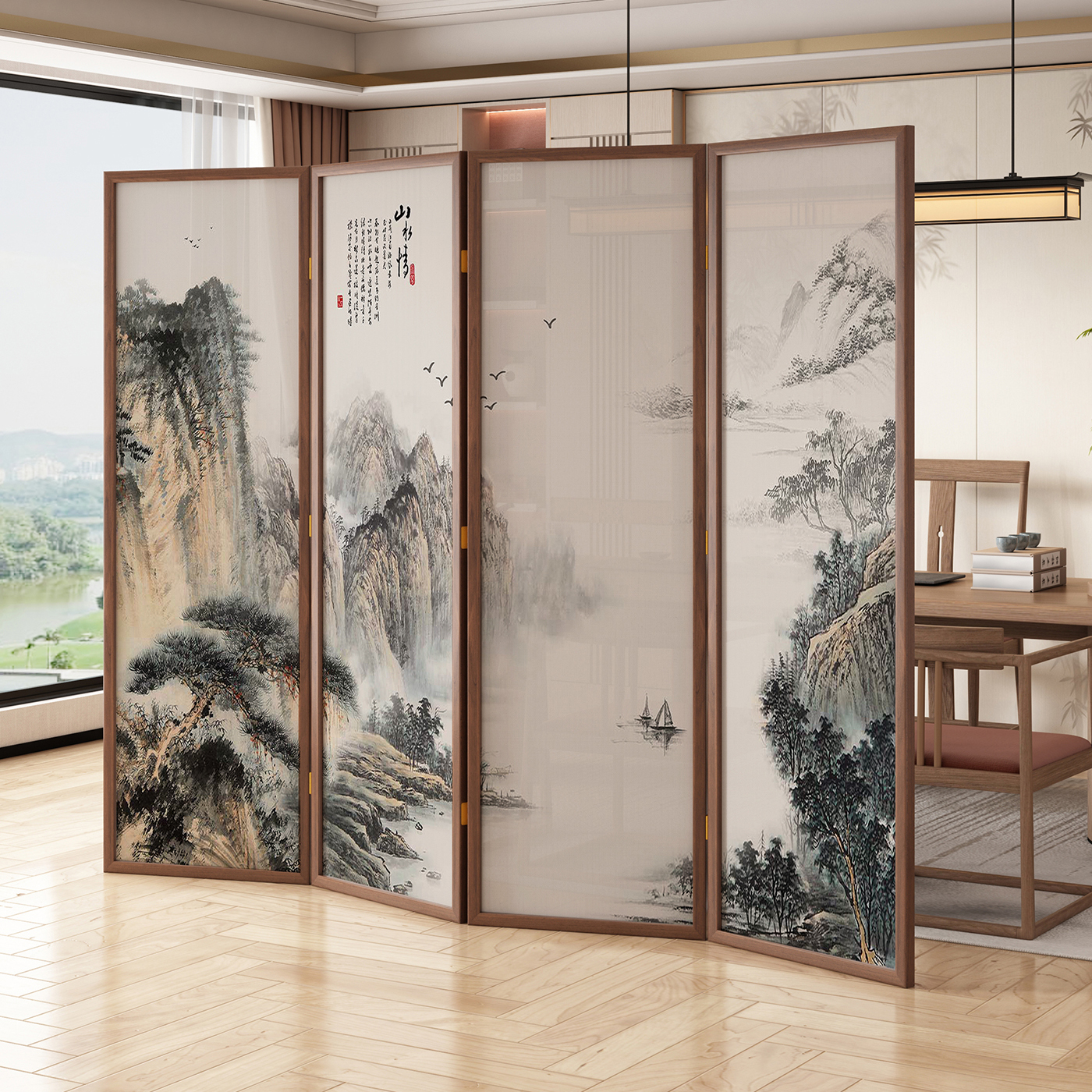 新中式实木移动折叠屏风隔断办公室门酒店会客厅遮挡宋式水墨山水