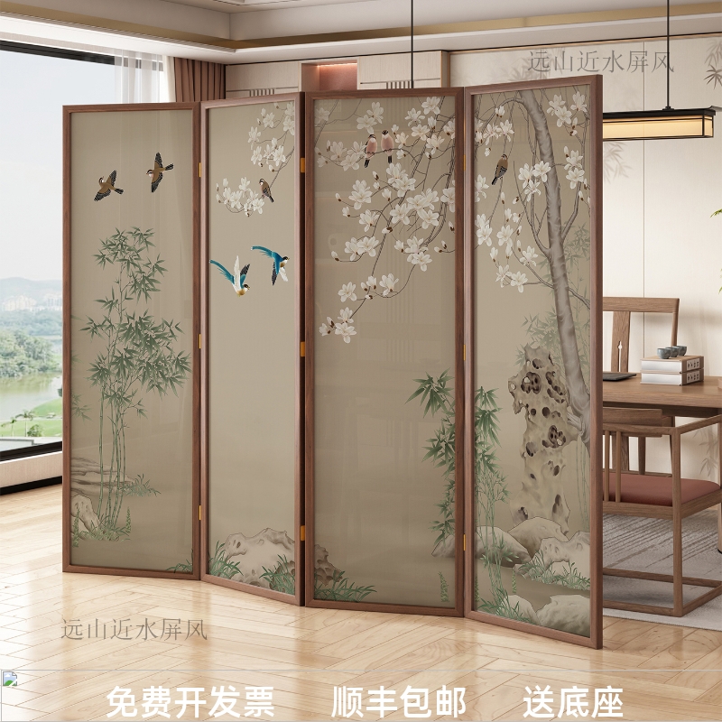 新中式实木移动折叠屏风隔断办公室门口酒店会客厅遮挡势如破竹图