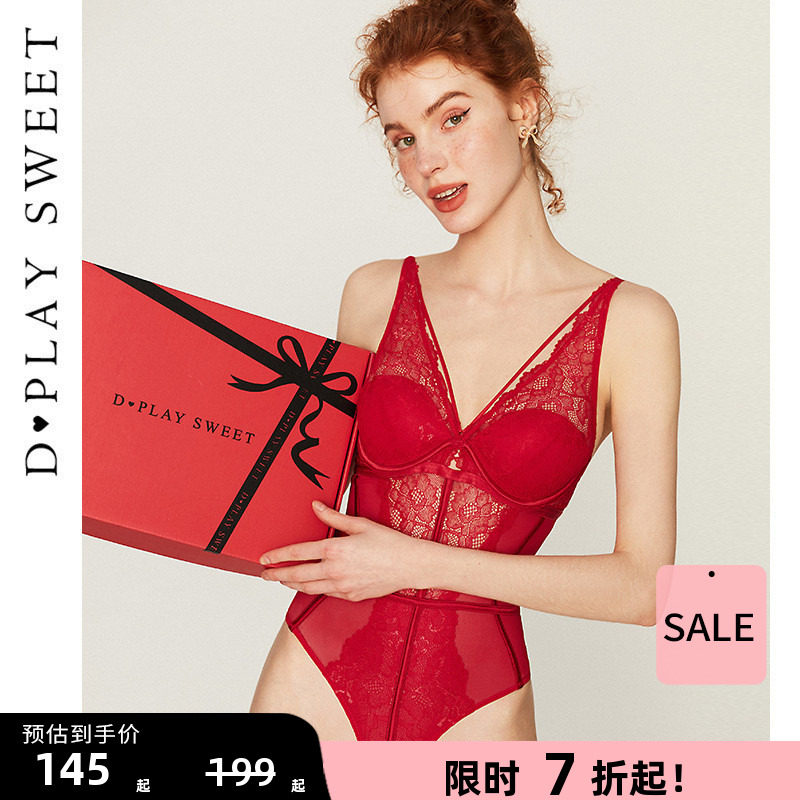 DPLAYSWEET红色精致蕾丝连体文胸内衣可外穿束身衣女礼盒,女士内衣/男士内衣/家居服,塑身连体衣,淘宝优惠券,粉丝福利购,淘宝优惠卷