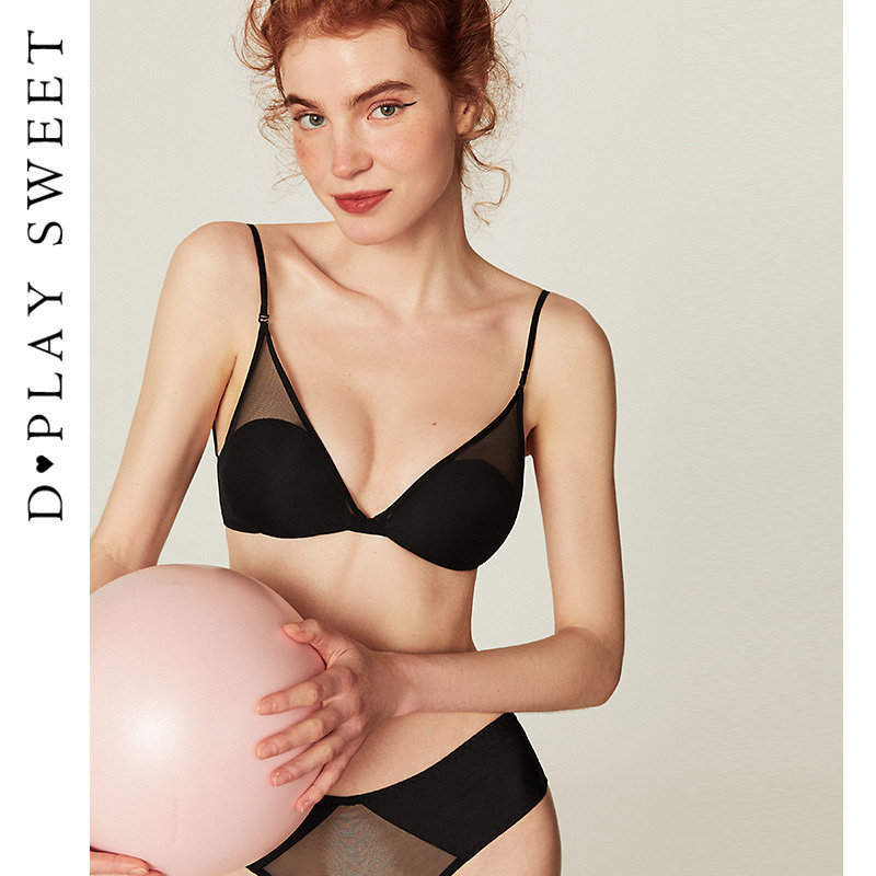 DPLAYSWEET黑色性感网纱三角杯胸纯欲法式内衣聚拢蕾丝胸罩套装