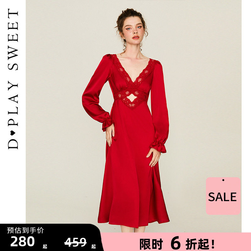 DPLAYSWEET镂空泡泡袖睡裙红色本命年蕾丝复古轻奢睡衣新娘结婚