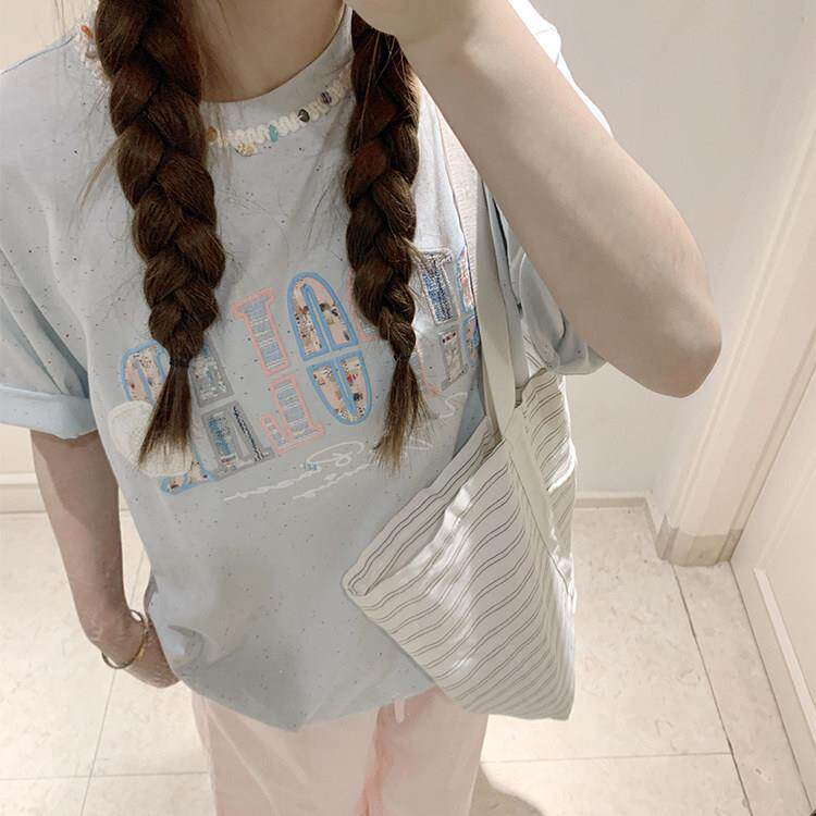 美式复古彩点织带刺绣短袖T恤女夏季新款设计感潮牌情侣半袖上衣