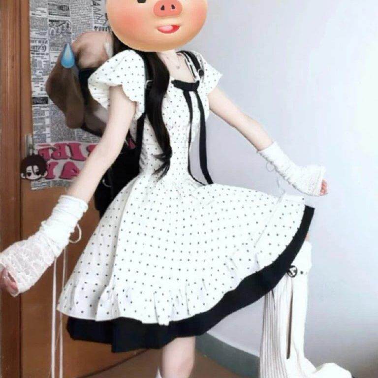 法式甜美风方领波点小个子洋装女2026夏季撞色收腰显瘦蓬蓬短裙