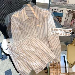 条纹套装 女夏2022新款 设计感韩版 两件套 休闲时尚 宽松洋气衬衫 短裤