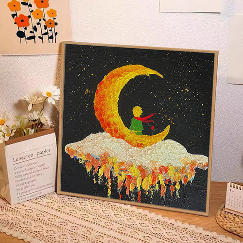 月上玫瑰花和小王子肌理数字油画