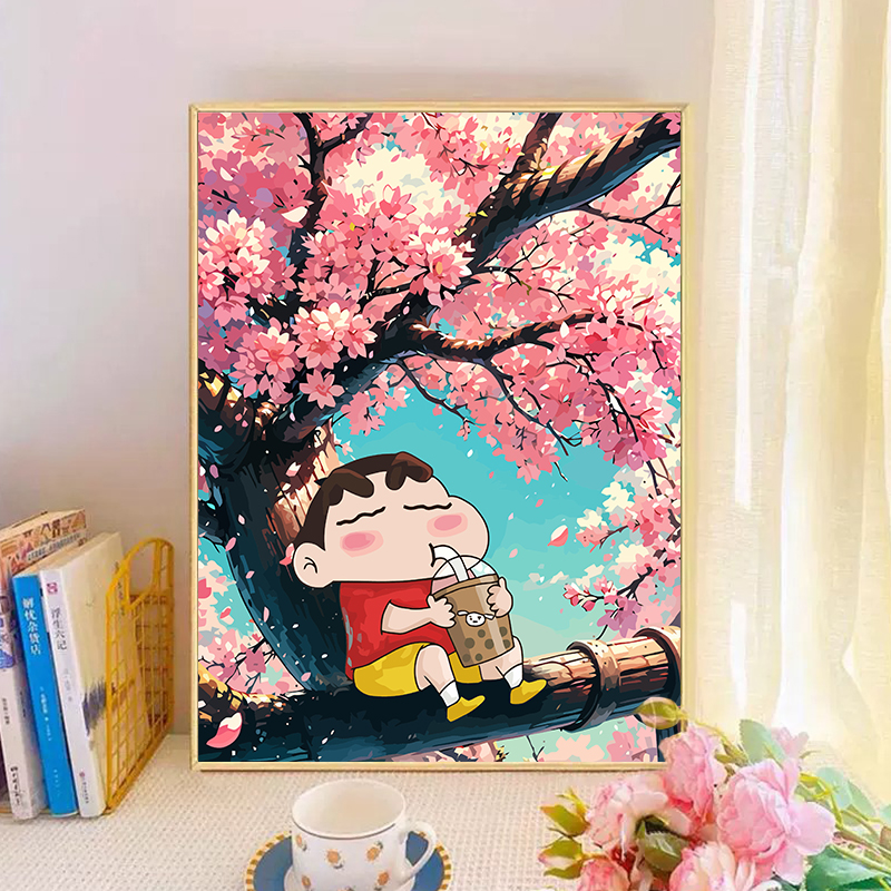 樱花树下蜡笔小新卡通动漫DIY数字油画儿童手工绘填充涂色装饰画图片