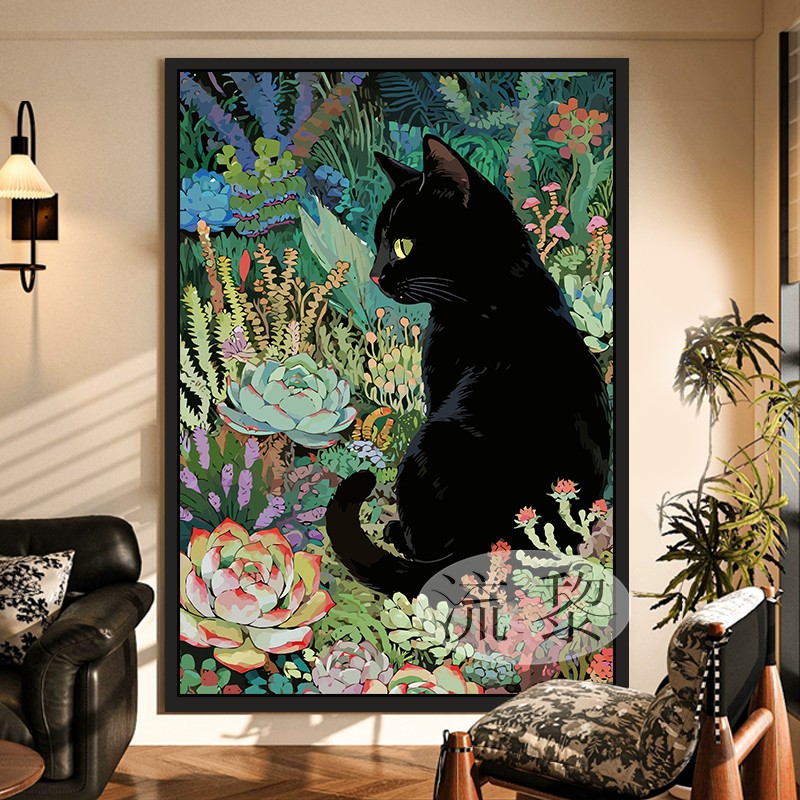 暗夜花境黑猫咪DIY数字油画手工绘填充涂色花草治愈解压客厅装饰图片