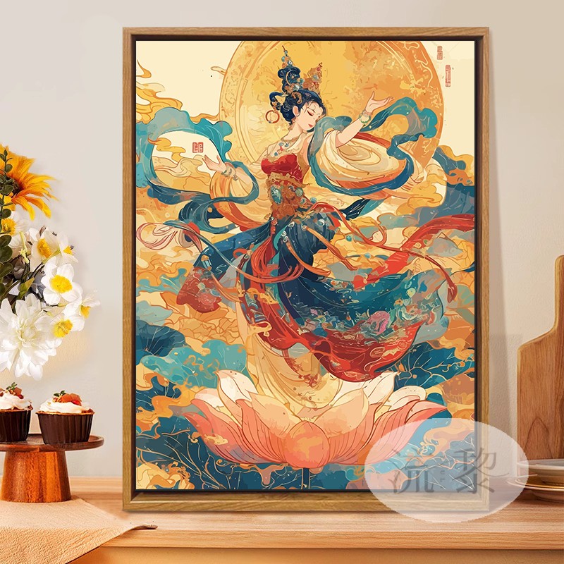 敦煌飞天神女数字油画DIY手工绘填充涂色高颜值丙烯新中式装饰画图片