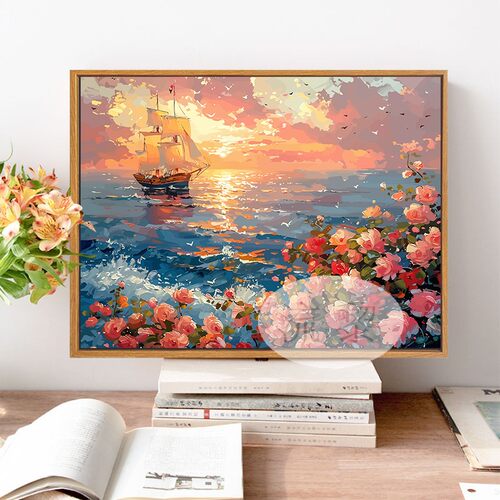 帆船落日玫瑰花DIY数字油画
