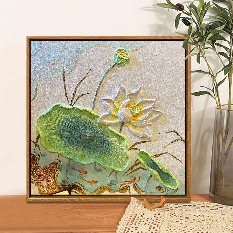 中国风立体莲荷花石英砂肌理画DIY材料全套成人手工客厅装饰挂画图片