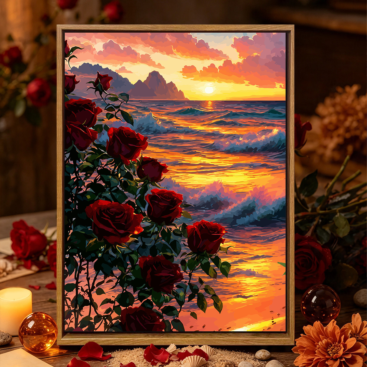 海边玫瑰花卉DIY数字油画
