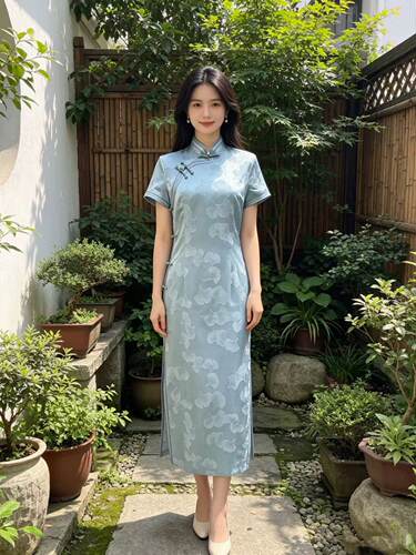 银杏叶暗纹提花缎丝高端旗袍复古显瘦国风显瘦高贵气质长夏季时尚