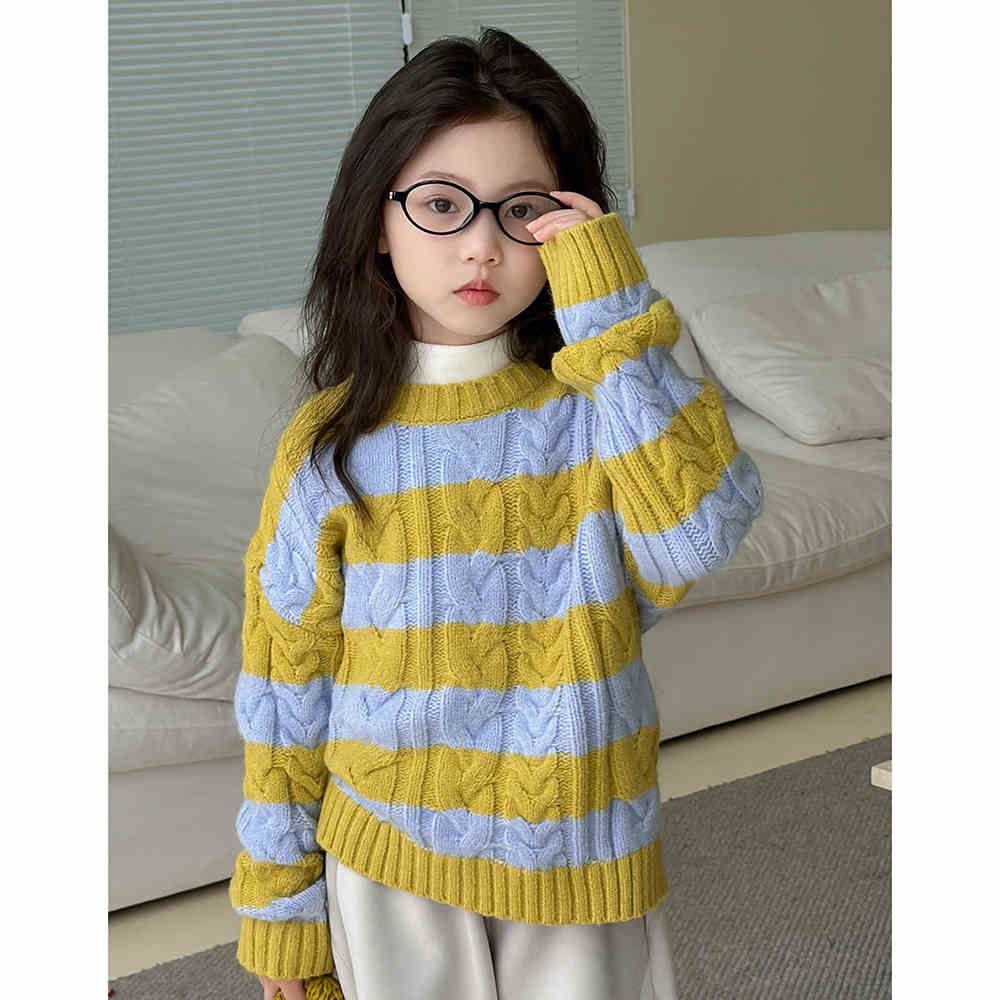 粗线条童装女童毛衣冬季韩系软糯针织衫儿童条纹慵懒风宽松针织衫