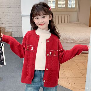 女童开衫毛衣秋冬洋气儿童装时髦慵懒风上衣小女孩百搭针织衫外套