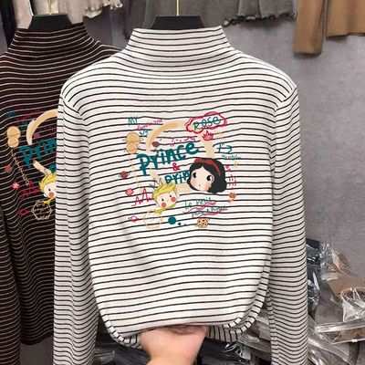 男女童半高领加绒条纹长袖打底衫秋冬季内搭儿童装中大童上衣