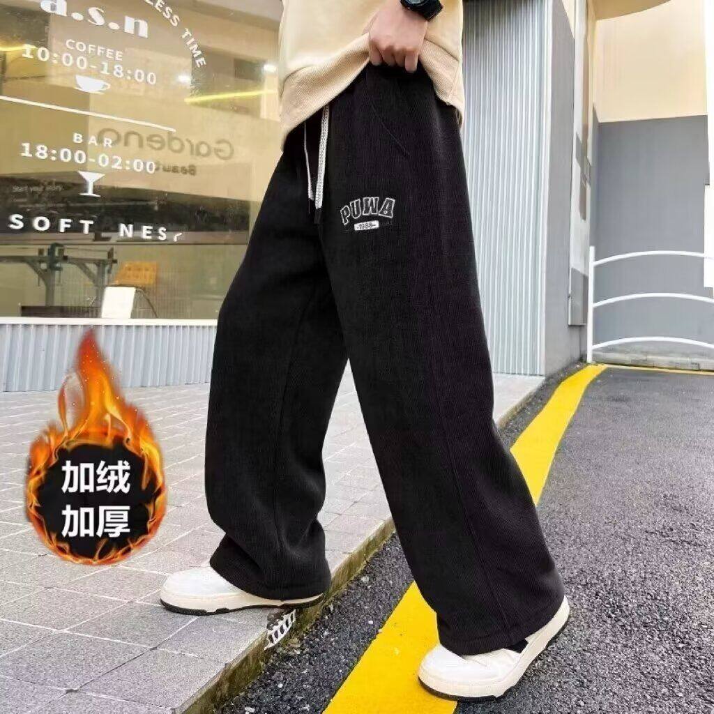 男童冬季加绒裤子秋冬季灯芯绒新款儿童直筒阔脚裤中大童运动卫裤