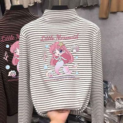 男女童半高领加厚德绒条纹长袖打底衫秋冬季内搭儿童装中大童上衣