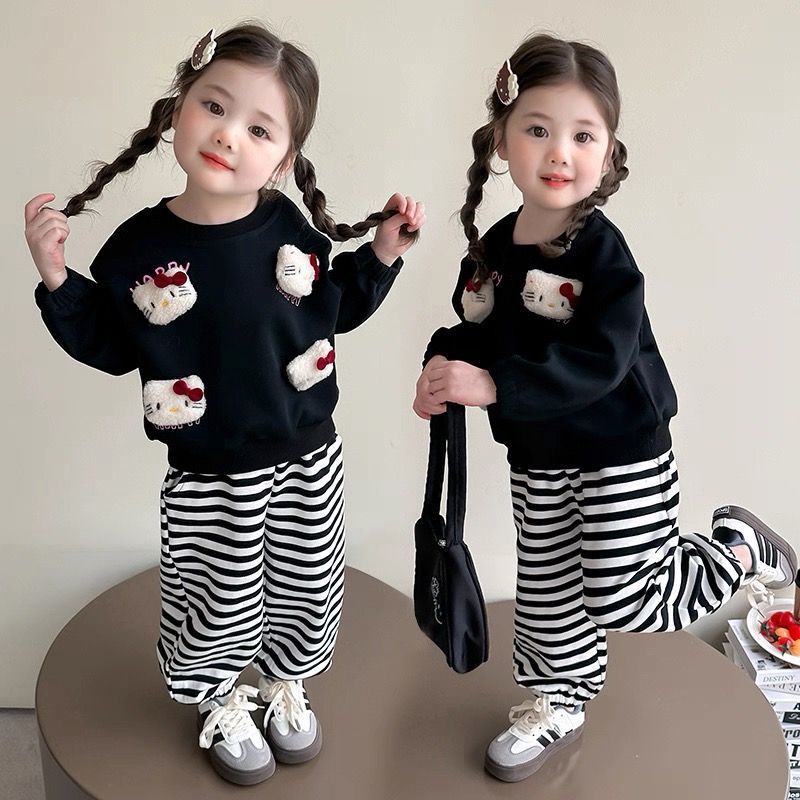 女童秋装卫衣套装2025新款儿童Kitty猫上衣宝宝条纹卡通两件套