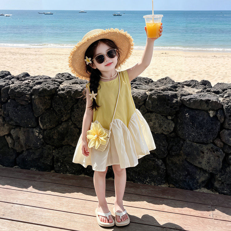 2026新款夏季女童黄绿色单裙子时尚百搭海边度假连衣裙80-130cm