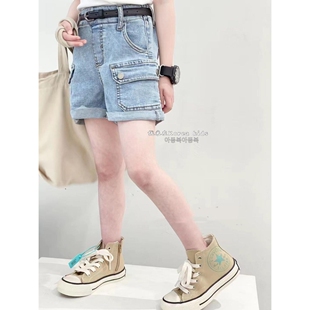 韩系童装女童蓝色牛仔短裤夏季2025年新款洋P气时尚儿童阔腿裤子