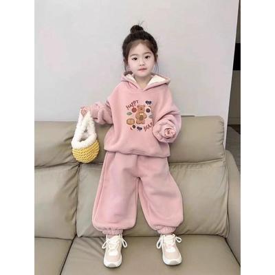 女童冬季加绒加厚卫衣卫裤套装女宝宝冬款套头上衣裤子儿童装冬装