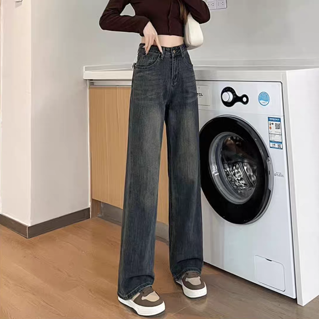 2025黑灰色阔腿牛仔裤女大童装初中学生新款春夏女孩儿直筒拖地裤