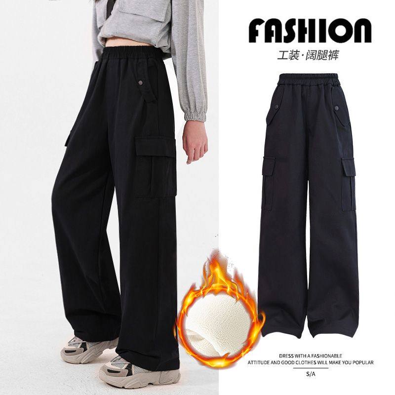 女童工装裤秋冬加绒儿童冬装一体绒阔腿裤初中生女孩冬季休闲裤子