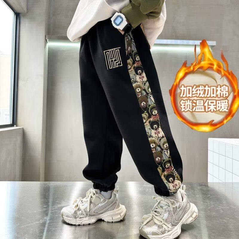 儿童装男童一体加绒裤子秋冬款2025新款中大童冬季加厚冬装运动裤