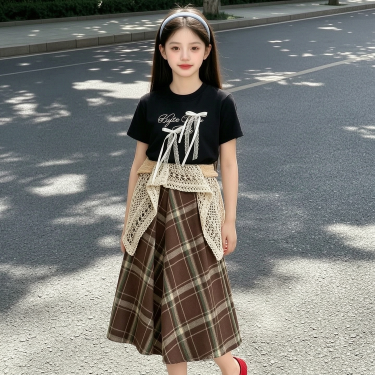 2026新款夏季女童时尚格子裙黑色T恤百搭洋气连衣裙潮