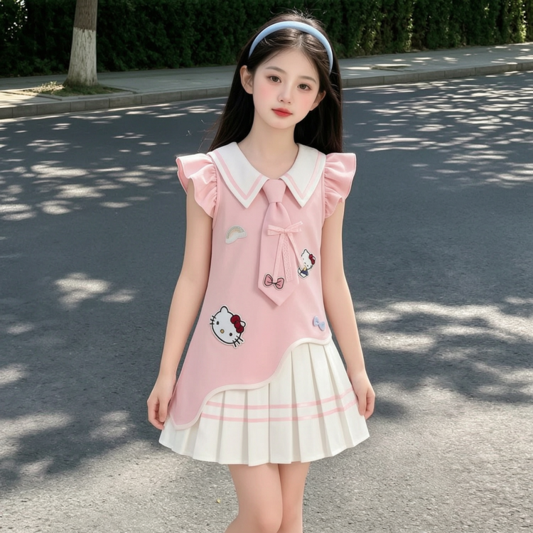 2026新款夏季可爱卡通连衣裙女童甜美百褶裙学院风裙子90-160cm