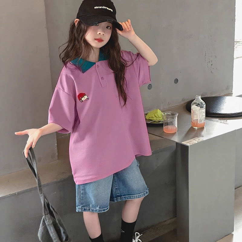 现货女童短袖t恤夏季2025新款儿童洋气时髦夏装中大童POLO衫上衣X
