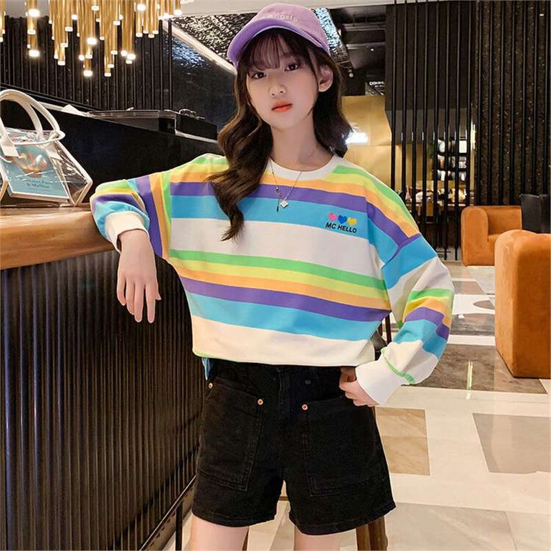 女童春秋长袖T恤新款彩色条纹上