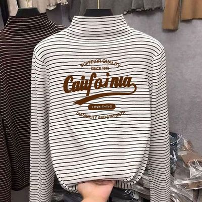 男女童半高领加厚德绒条纹长袖打底衫秋冬季内搭儿童装中大童上衣