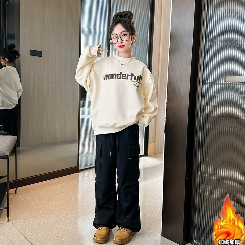 秋冬季女童卫衣加绒加厚宽松休闲百搭上衣儿童设计感字母印花卫衣