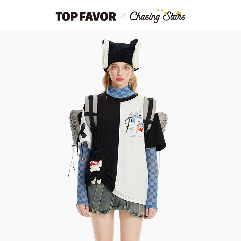 TOPFAVOR左航同款黑白撞色T恤