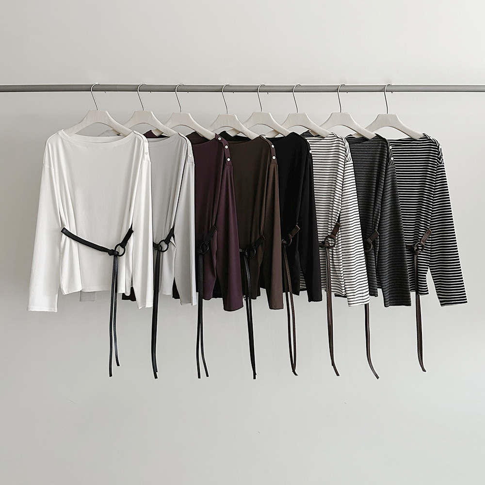 EVERTRUE T恤女2025秋季新款圆领宽松显瘦套装打底上衣系带61815