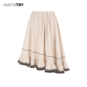 wana try100%棉不对称下摆拼色格纹花边裙26春新品 韩系时髦半裙女