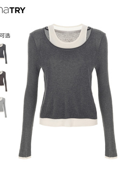 wana try天丝亚麻拼接假两件针织衫2025秋季新品韩系简约上衣女