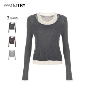 新品 2025秋季 韩系简约上衣女 try天丝亚麻拼接假两件针织衫 wana