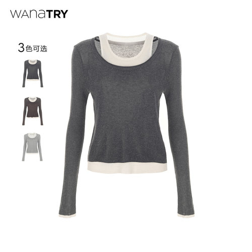 wanatry假两件天丝亚麻针织上衣
