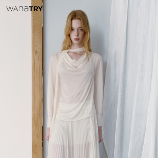 杏色优雅休闲简约上衣女 2026春新品 wana try醋酸荡领飘带垂感衬衫